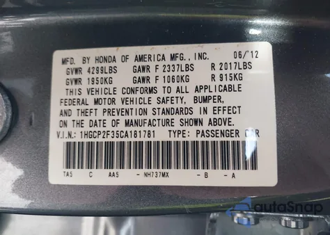 2012 Honda Accord 2.4 Lx from USA, damaged, VIN 1HGCP2F35CA181781